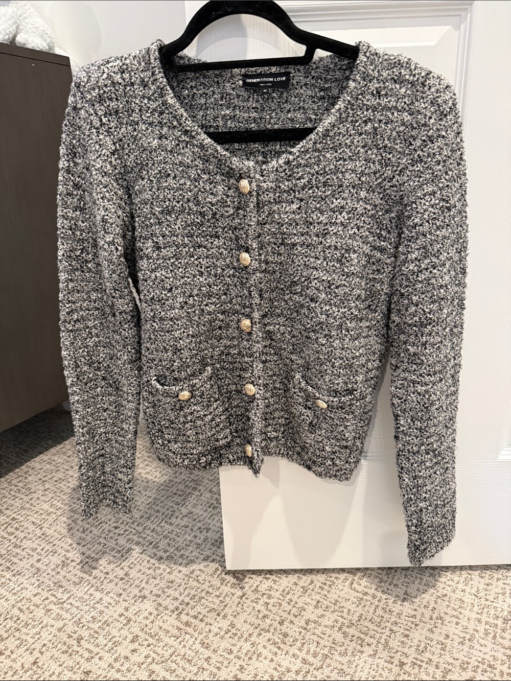 Generation Love Black and White Bouclé Button-Front Cardigan
